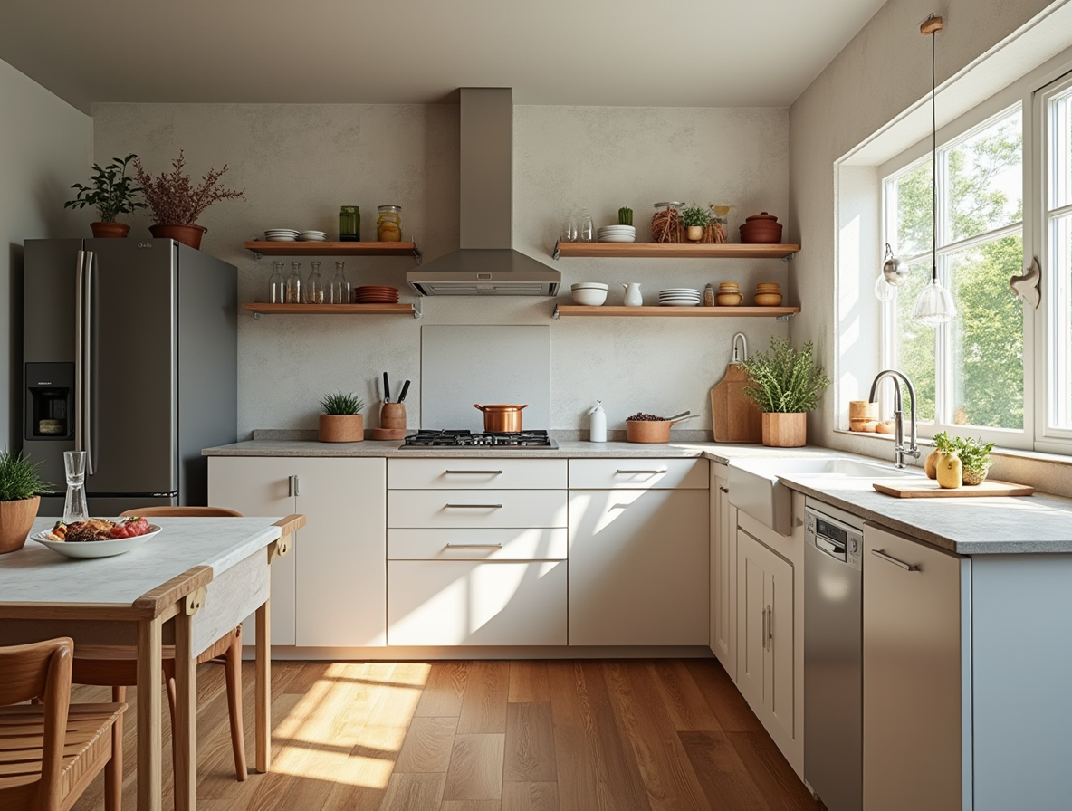 Cocina reformada con muebles modernos, encimeras de alta calidad, estanterías abiertas y una distribución optimizada para mayor funcionalidad.